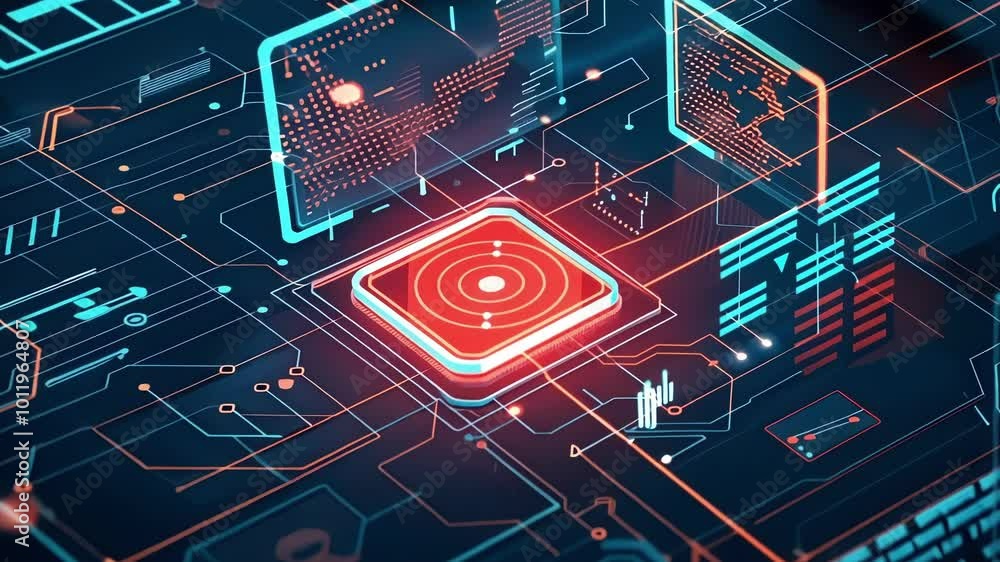 Poster complex network security system is running with red and blue lights, protecting data and keeping onl