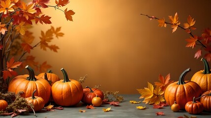 An attractive background with beautiful decorations for thanksgiving. Pumpkins and fruits are surrounded by flowers, vegetables and leaves