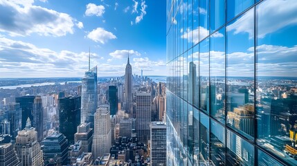 A stunning cityscape view with skyscrapers reflecting in the glass walls of a modern building under a bright, blue sky