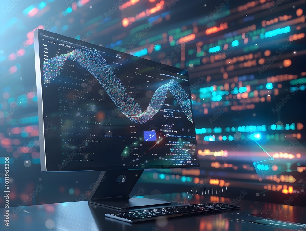 Poster DNA Sequence Transformation into Coded Data on Computer Screen Illustrating DNA Data Storage Concept