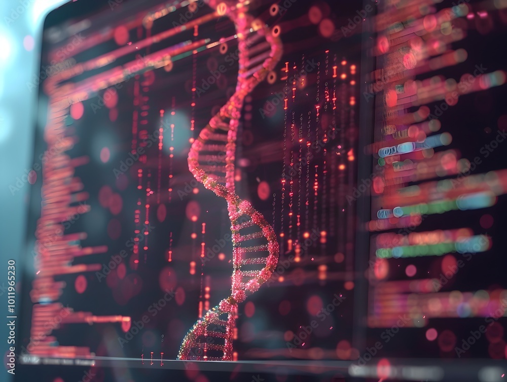 Poster dna sequence transforming into digital code on computer screen showcasing dna data storage concept