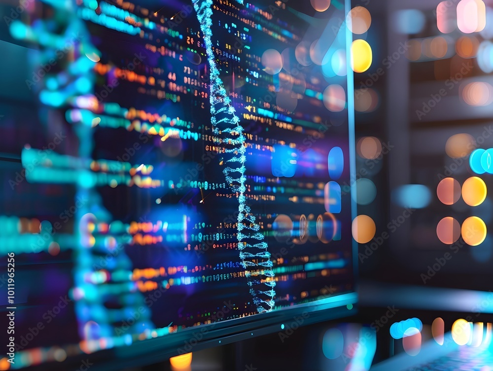 Poster transforming dna sequence into digital code illustrating data storage concept