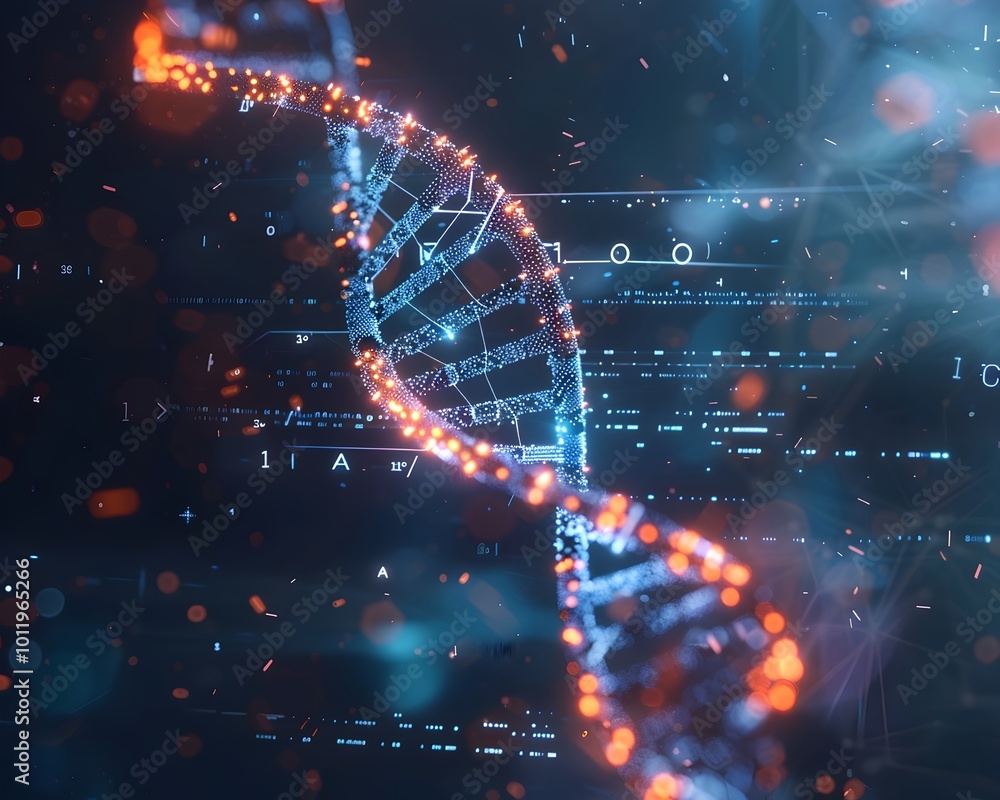 Poster dna molecule with embedded data symbols floating in digital environment