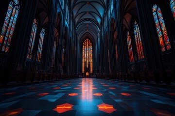 A breathtaking view of a Gothic cathedral interior featuring grand stained glass windows and intricate gothic architecture creating a serene and solemn ambiance.