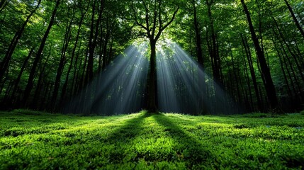A photostock images of a forest with sunlight streaming through the trees
