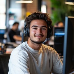 Fototapeta premium Smiling Customer Service Representative Working in Call Center Office Environment