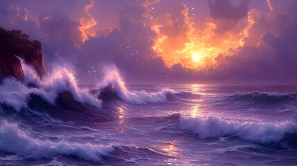 Fototapeta premium A hyperrealistic close-up of massive waves crashing against cliffs during a stormy twilight, deep purple and orange skies, sunlight breaking through clouds, water sparkling in violet and gold, 