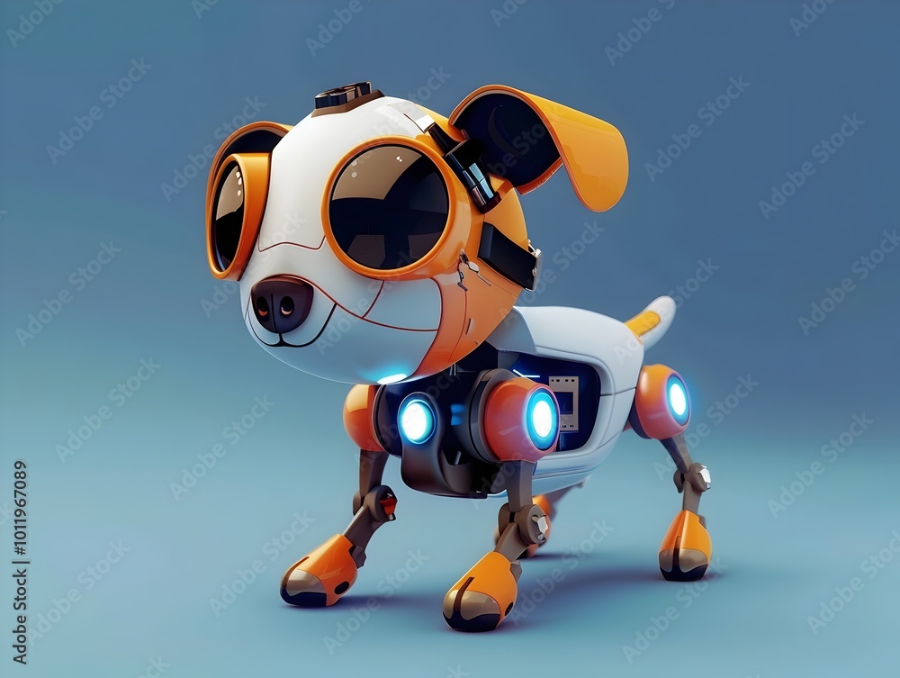 Aufkleber customizable virtual pet robot dog with upgradable parts and abilities in a futuristic 3d backdrop