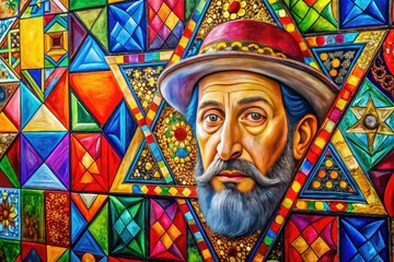 Obraz premium Colorful Abstract Jewish Art Featuring Symbolic Elements and Geometric Patterns in Vibrant Hues