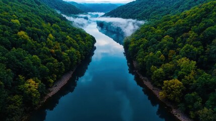 Fototapeta premium A photostock images of a misty morning over a river surrounded by trees