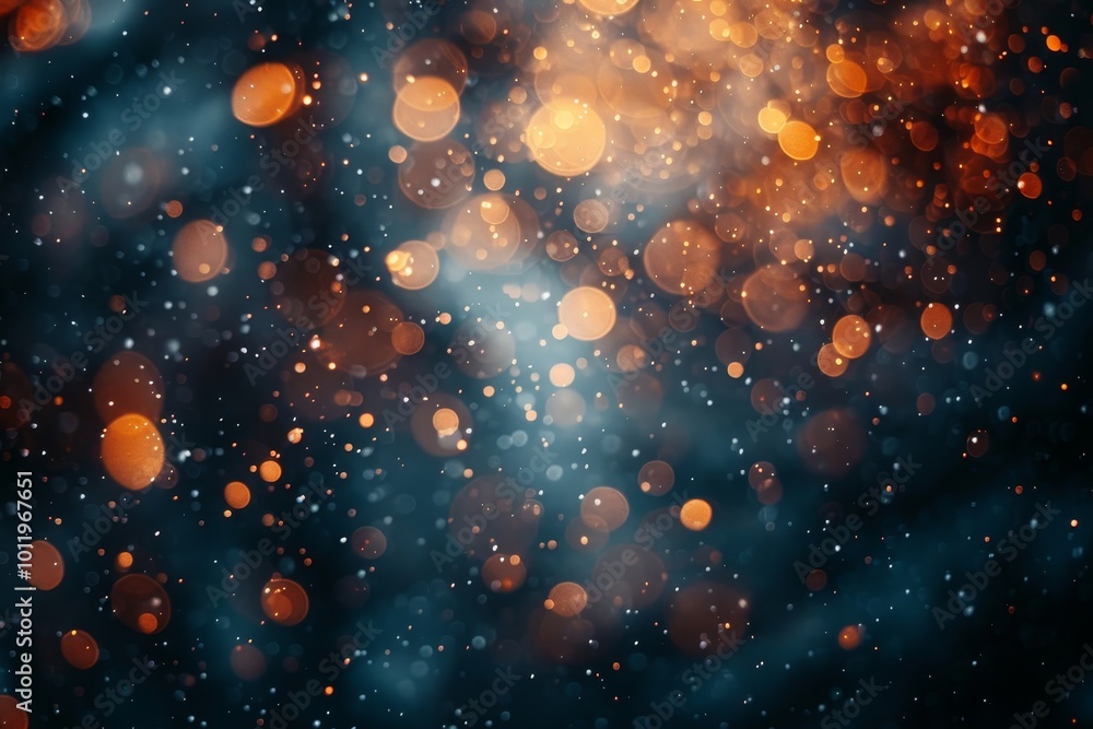 Poster scattered glowing golden bokeh lights creating a beautiful contrast with a dark background