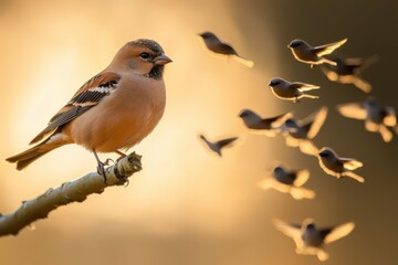 a bird is sitting on a branch with many birds flying around it