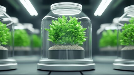 Lush green plant in glass jar with soil against a modern background.
