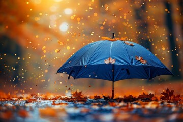 Charming autumn scene  colorful leaves descend into blue umbrella amidst golden bokeh background