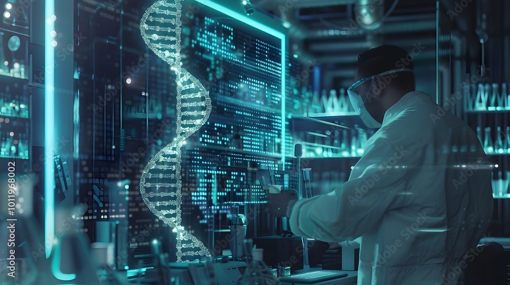 Poster futuristic lab encodes data into dna strands with holographic double helix display