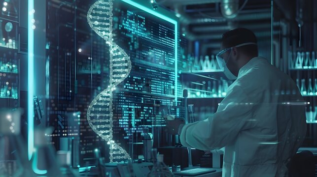 Futuristic Lab Encodes Data into DNA Strands with Holographic Double Helix Display - Powered by Adobe