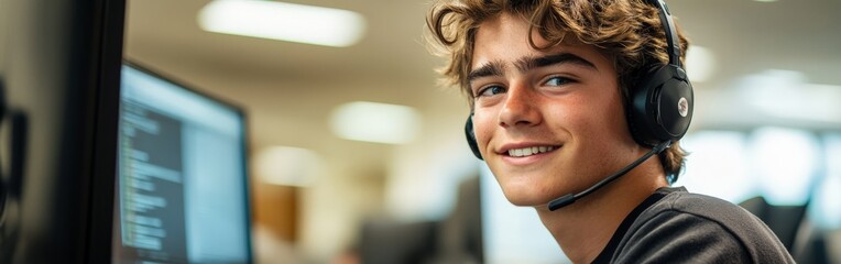 Smiling Customer Service Representative Working in Call Center Office Environment