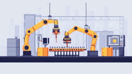 Fototapeta premium Advanced machines operating in sync to create complex products in an industrial setting.