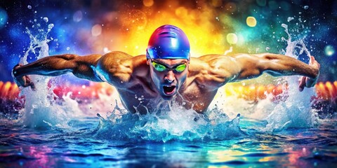 Colorful Abstract Swimmer Drawing in Motion, Artistic Representation of Water Sports and Fitness