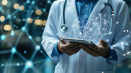 A doctor holds an icon representing health and an electronic medical record on a virtual interface, discussing digital healthcare and network connections