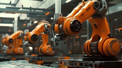 Industrial robots working in tandem, performing advanced operations in a tech-driven factory.