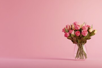 a vase filled with pink roses on a pink background