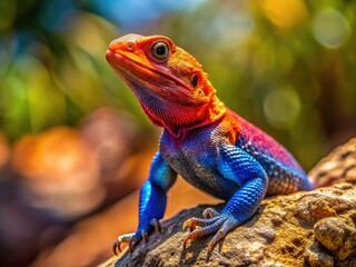 Obraz premium Colorful Agama Lizard basking on a rock in natural habitat under bright sunlight in the wild