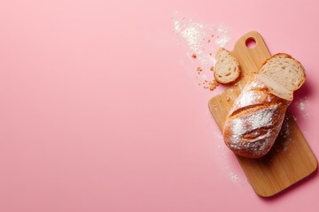 bread on a cutting board with flour on a pink background