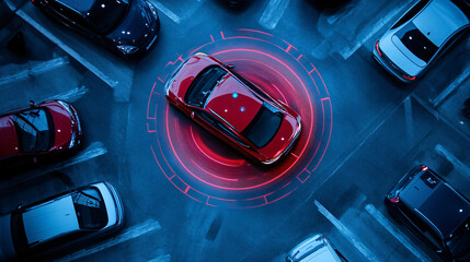 A smart car parking assist system is visualized from a top view, featuring autonomous technology for secure road scanning and self-parking
