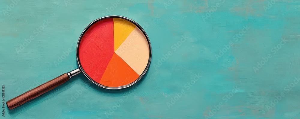 Poster a magnifying glass displays colorful pie chart segments against a turquoise background, symbolizing 