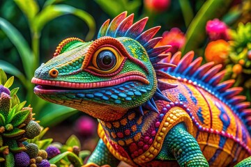 Obraz premium Colorful Alebrije Lizard Sculpture with Intricate Patterns and Vibrant Colors on Display Background