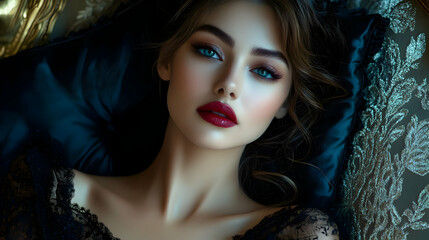 Fototapeta premium Beautiful Woman with Blue Eyes and Red Lips Illustration