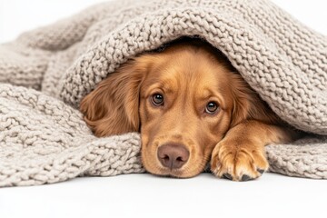 a dog is under a blanket on a white background