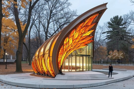 A modern, glass-paneled pavilion with an intricate stained glass design in a park setting.