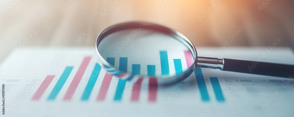 Poster a magnifying glass focuses on colorful bar graphs on a document, symbolizing data analysis and insig