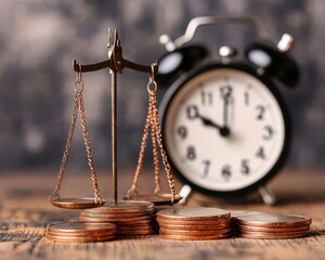 A balance scale placed over stacks of coins, beside an alarm clock, symbolizing financial balance and the value of time in monetary decisions.