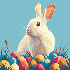 Rabbit Sitting in a Field of Colorful Eggs