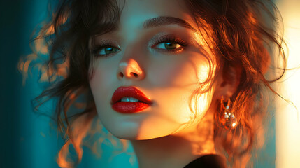 Obraz premium Woman with Red Lips and Sparkling Eyes, Digital Illustration