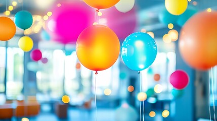 An abstract background featuring a blurred image of an office space adorned with colorful balloons, creating a vibrant and festive atmosphere. 