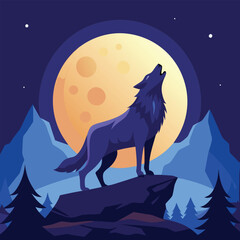 Wolf howling vector illustration at the midnight moon