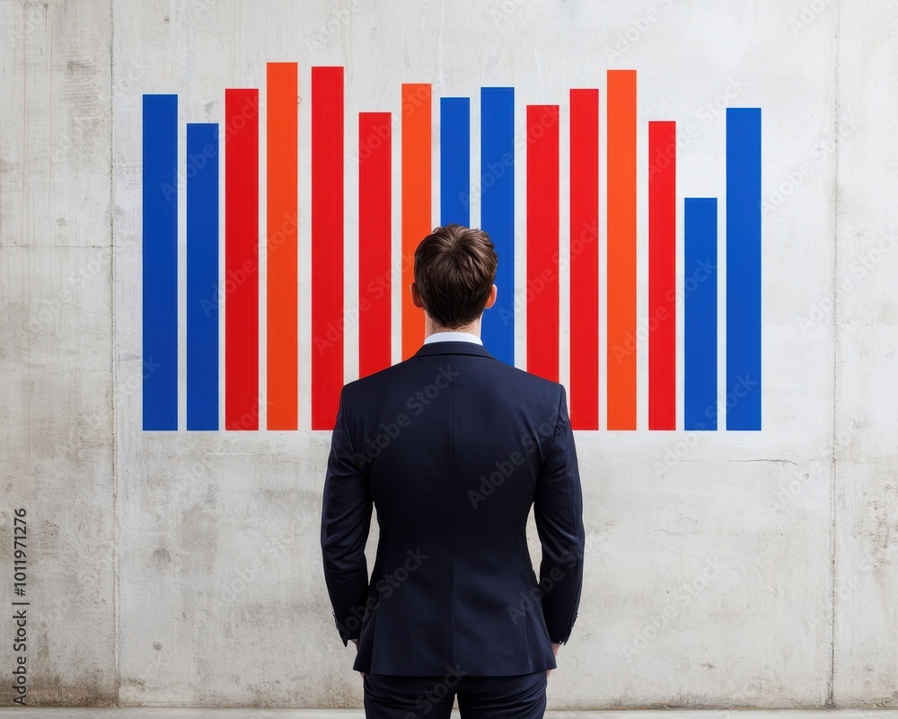 Poster a man in a suit stands before a colorful bar graph painted on a concrete wall, symbolizing data anal