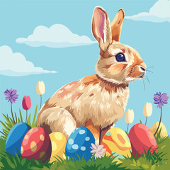 Rabbit Sitting in a Field of Colorful Eggs