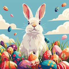 Rabbit Sitting in a Field of Colorful Eggs