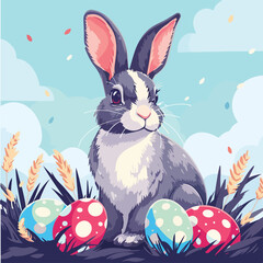 Rabbit Sitting in a Field of Colorful Eggs