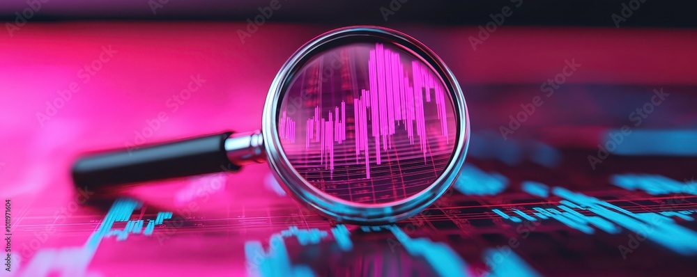 Poster a magnifying glass reflects vibrant data visuals, symbolizing analysis and insight in a modern, tech