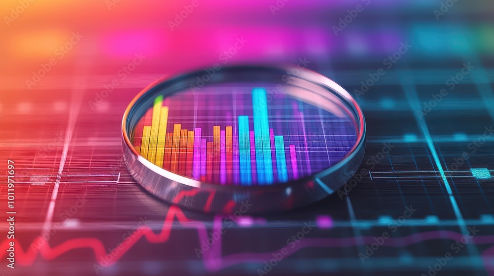 Poster a colorful analysis graphic through a magnifying glass, showcasing data trends and statistics on a d