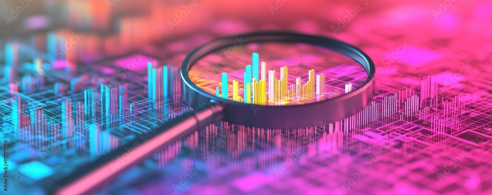 Poster a vibrant digital scene featuring a magnifying glass over colorful data visualizations, showcasing a
