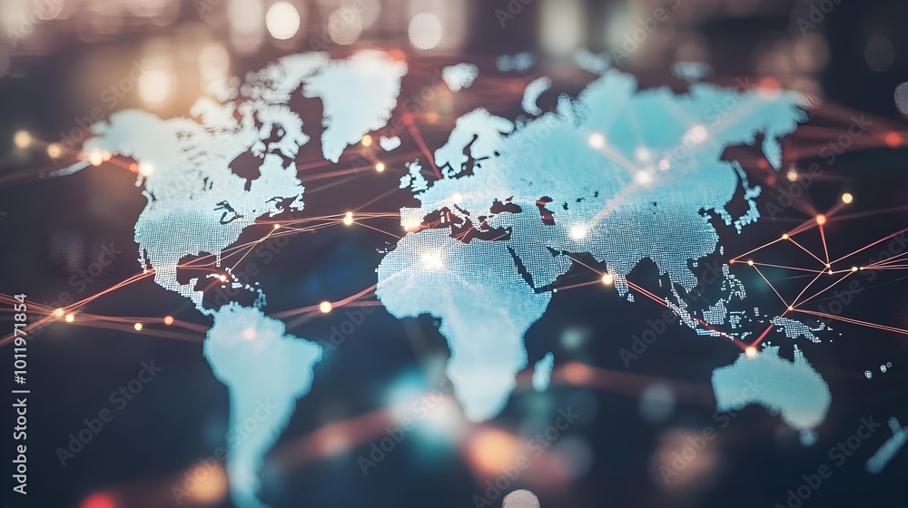 Poster world map overlaid with interconnected lines symbolizing globalization