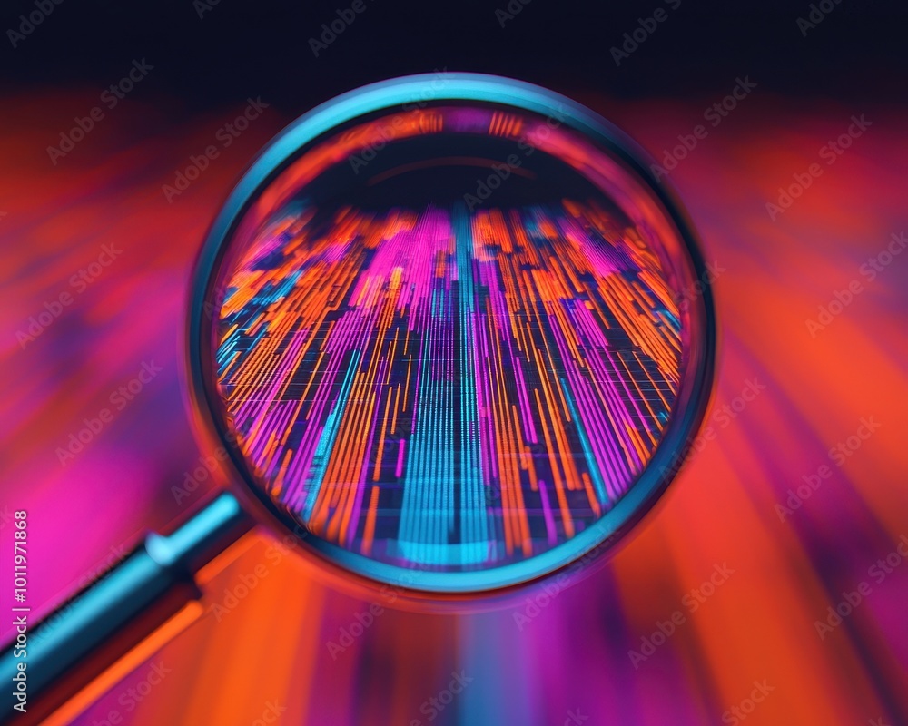 Poster a vibrant, abstract depiction of data visualization, showcasing colorful patterns under a magnifying
