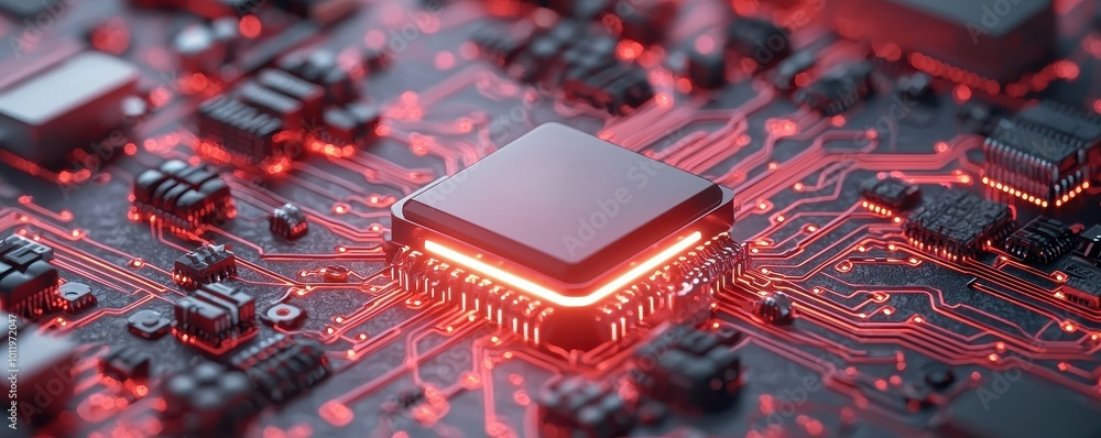 Poster a close-up view of a microchip surrounded by intricate circuitry, illuminated in red tones, highligh